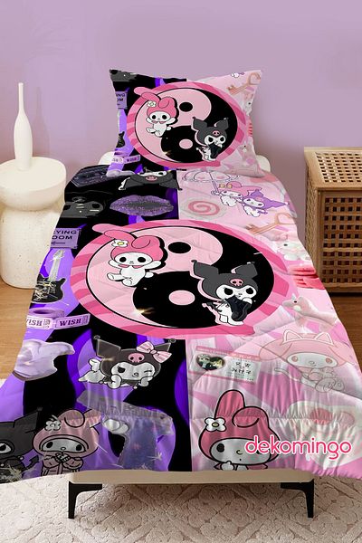 dekomingo Kuromi and My Melody Patterned Peace Sign Quilted Quilt