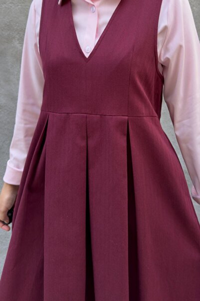 hrmonny Burgundy Cotton V Neck Long Gilet Vintage Dress 140 cm Length