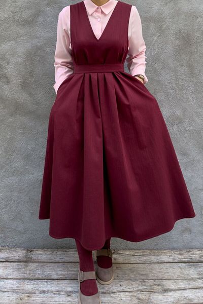 hrmonny Burgundy Cotton V Neck Long Gilet Vintage Dress 140 cm Length