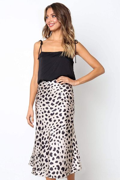 medipek High Waist Lycra Leopard Print Satin Midi Skirt - Elastic Waist and Zipper Detail