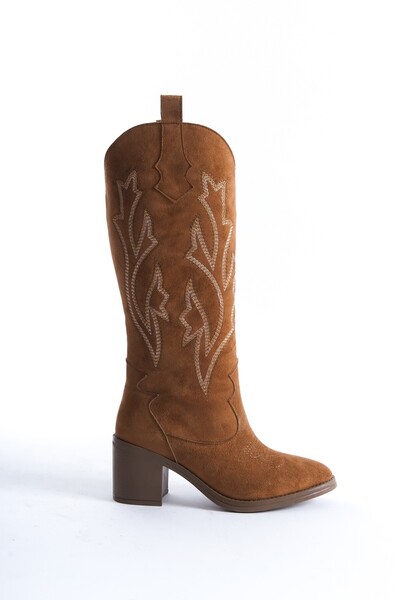 Modabuymus Μπότες Cazal Tan Suede Heeled Boots Κεντημένες Western Boots