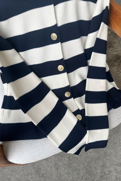 Poliyance Nare Navy Blue Striped Cardigan