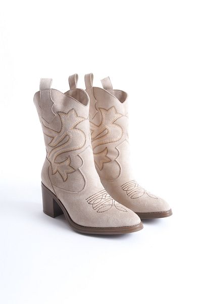 Modabuymus Μπότες Bazal Skin Suede Cowboy με τακούνι Άνετα κεντημένα Western Boots