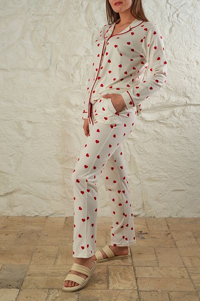 Avones Heart Patterned Metrage Printed 100% Cotton Front Placket Button Knitted Women's Pajamas Set