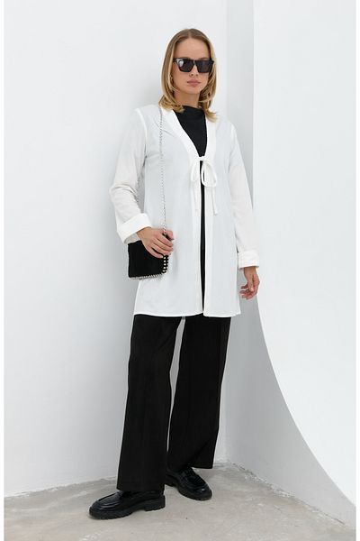 Fatma Atasoy Ribbed Velvet Tie White Kimono