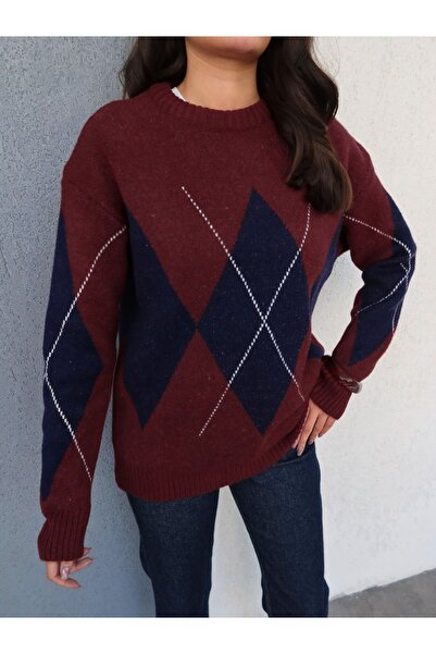 ESRAHELVACI Burgundy Navy Blue Diamond Patterned Sweater