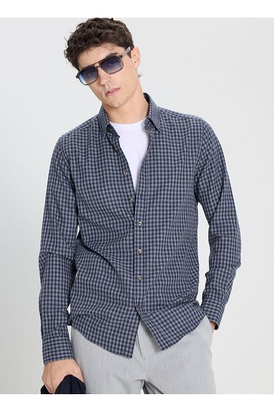 ALTINYILDIZ CLASSICS Ανδρικό πουκάμισο Six Star Classics Navy Blue-Grey - γιακά με κουμπιά, Comfort Fit ACE 202510055