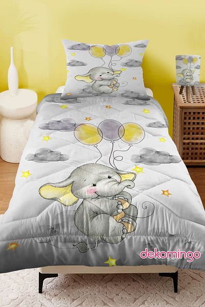 dekomingo YELLOW GRAY BALLOON OTURAN ELEPHANT PATTERNED QUILTED KIDS QUILT AND PILLOW CASE