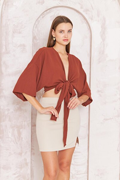 Darlin Moda Kadın Kiremit Rengi Önden Bağlamalı Crop Kimono DM7004