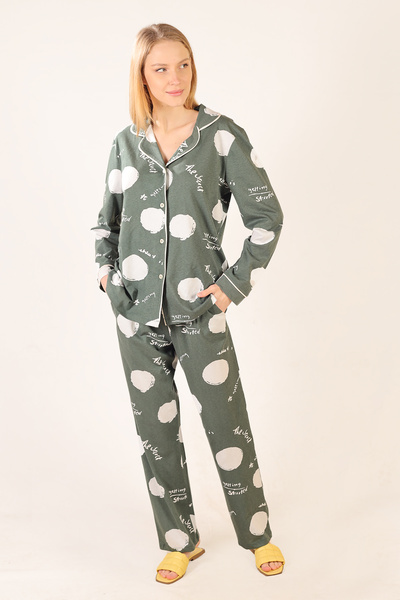 Avones Heart Patterned Metrage Printed 100% Cotton Front Placket Button Knitted Women's Pajamas Set