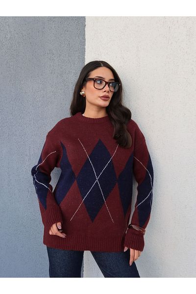 ESRAHELVACI Πουλόβερ Claret Red Navy Blue με διαμαντένιο σχέδιο