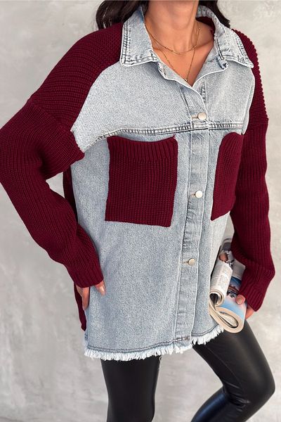 FEMELLE Cardigan de damă bordeaux oversize din denim cu mâneci și tricotaje de buzunar