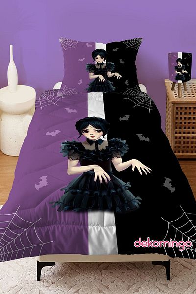 dekomingo Purple Black Wednesday Addams Patterned Quilted Children's Quilt and Pillowcase