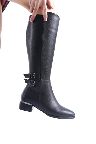 Modabuymus Caltas Siyah Kısa Kalın Topuklu Tokalı Kadın Çizme