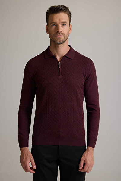 Ysf Erkek Bordo Polo Yaka Fermuarlı Triko