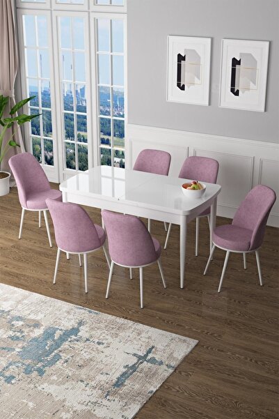 Canisa Concept Zen Serisi 80x132 Mdf Açılabilir Beyaz Mutfak Masası Takımı Ve 6 Pembe Sandalye