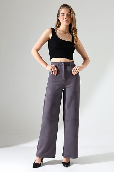 winmoda Pantaloni ușori din piele intoarsa - Model Bagy cu picioare late