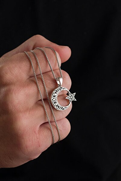 Tmt Silver 23 MM GÜMÜŞ AY YILDIZ BAYRAK ESKİTME İŞLEMELİ ERKEK KOLYE