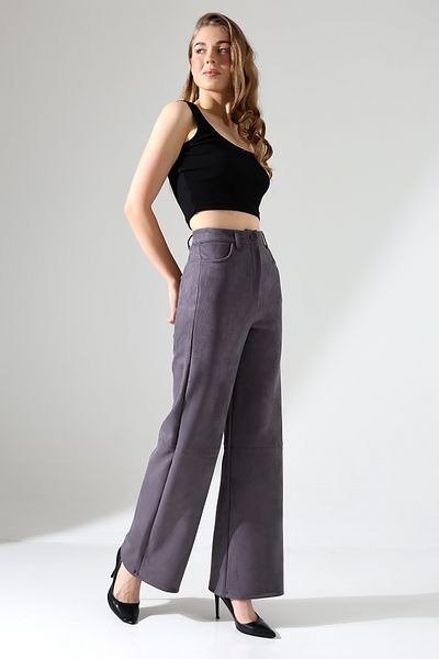 winmoda Pantaloni ușori din piele intoarsa - Model Bagy cu picioare late