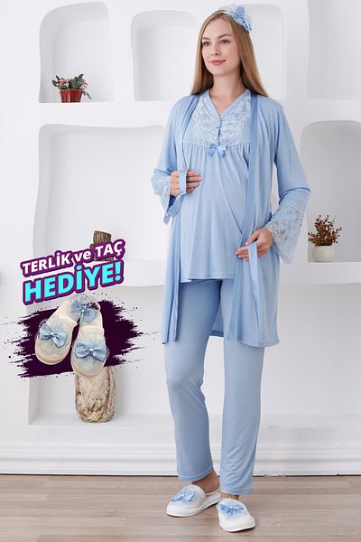 ERDENİZ TEKSTİL Set pijama de maternitate cu nasturi cu maneca lunga, 3 piese pentru gravide si halat de toaleta