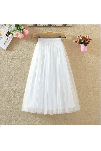 NSMLİFE Nsm 3 Layer Midi Summer Tulle Skirt Casual High Waist Pleated Long 75cm Tulle Skirt