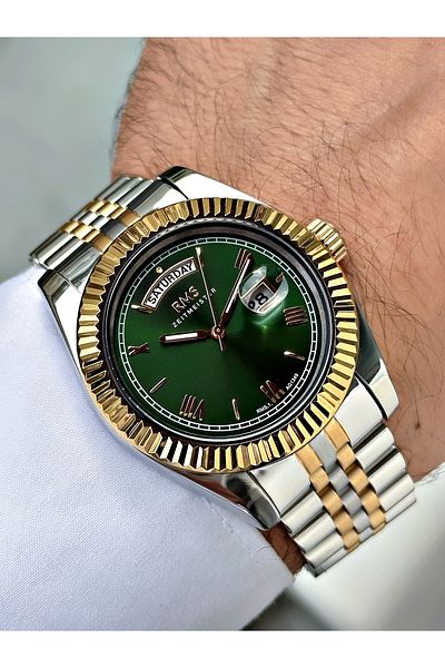 Romanson Silver-Green Color Steel Band Steel Case Men's Wrist Watch with Calendar 1349.15