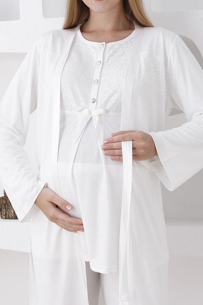 ERDENİZ TEKSTİL Set de maternitate din 3 piese cu mâneci lungi, pijama și halat de maternitate / nasturi în față / papuci și cadou coroană