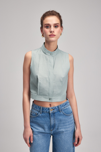 adL Pileli Keten Crop Bluz