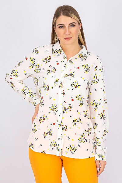 Armani Exchange Women Spread Collar Long Sleeves All Over Print Top, Beige Combo