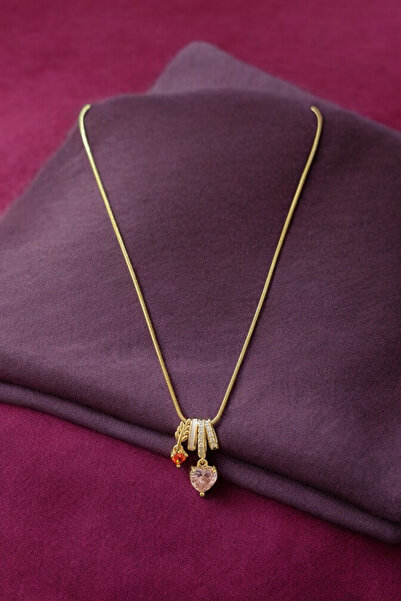 La'Vanti Designs Tek Taş Pırlantalarla Süslü Gümüş Üzeri 14 Ayar Golden Kaplama Charm Kalp Kolye Kadın Aşk