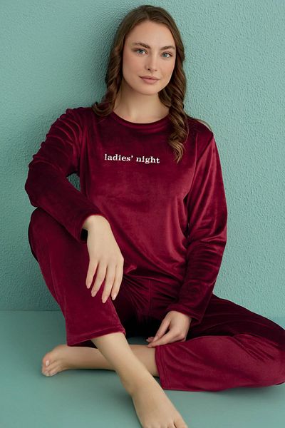 cotonhause Set de pijamale de damă cu mânecă lungă din catifea burgundă C1T3N1O66-12