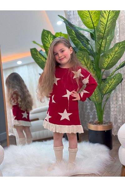 GÖKJOY BUTİK Christmas Kit Red Color Star Detail Premium Quality Dress