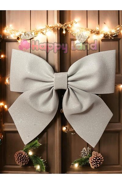 Happyland Christmas White Door Tableware Tree Ornament Silvery Eva Bow Decor Christmas Ornament White Color 20 cm