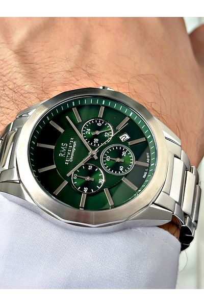 Romanson Function Silver-Green Color Steel Band Steel Case Men's Wrist Watch 1352B