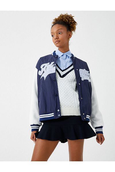 Koton Pilot Jacket Applique Detailed Pockets Ribbed