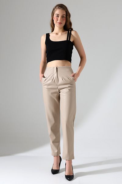 Gugus Leather Pants - Straight Leg, Model with Belt Collet, Women's Artificial Leather Straight Leg Pants