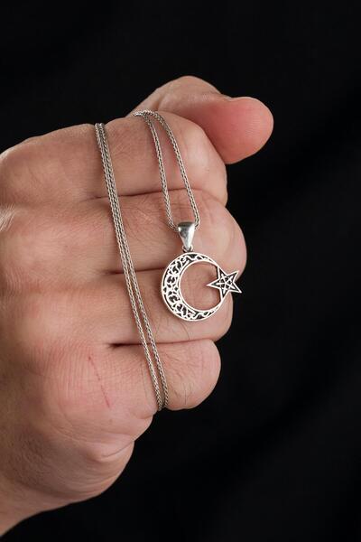 Tmt Silver 26 MM GÜMÜŞ AY YILDIZ BAYRAK ESKİTME İŞLEMELİ ERKEK KOLYE