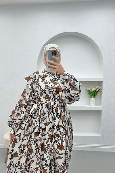 Reference Brown Floral Patterned Shoulder Ruffle Dress