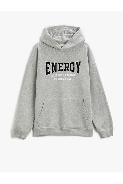 Koton Raised Hooded Sweatshirt Slogan Printed Pocket Detailed