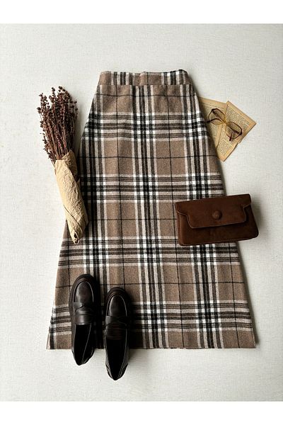 KÜÇÜĞÜM BUTİK Χειμερινή καρό μακριά φούστα (TABA BROWN)