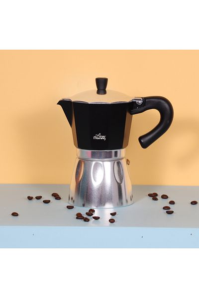 Any Morning Hes-6 Černý hliníkový kávovar na espresso - 240 ml moka konvička