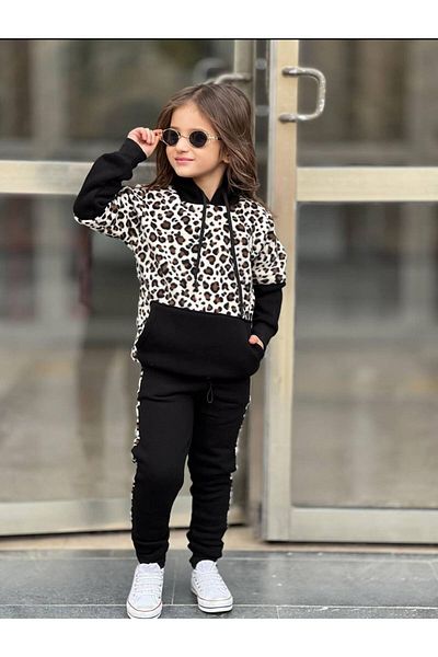 sinmm Set de trening pentru copii din fleece leopard cu glugă 3 fire Set detaliat