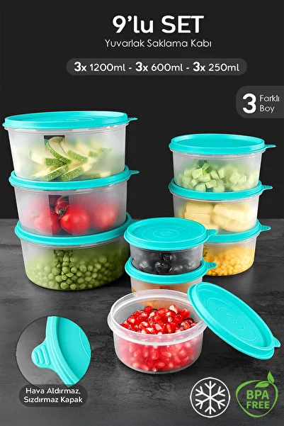 Meleni Home Set of 9 Green Food Container - 3X250 3X600 3X1200Ml Food Storage Organizer