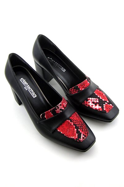 Erkan Saçmacı Della Kırmızı Yılan Kare Burun Kalın Topuklu Klasik Ayakkabı