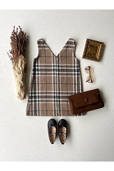 KÜÇÜĞÜM BUTİK Taba Desenli Ekose Anne-Kız Çocuk Kombin Kışlık V Yaka Jile Elbise (Tekli Satılmaktadır.)