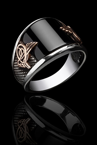 OTTOTESBİH Oniks Taşlı Tuğralı Yüzük Erkek Yüzük 925 Ayar Gümüş Yüzük