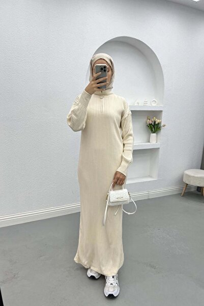 Pardesü Dünyası Yakası Fermuarlı Ribanalı Elbise Ekru