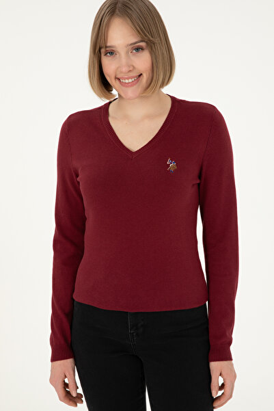 U.S. Polo Assn. Women's Burgundy V-Neck Basic Sweater 50288983-Vr014