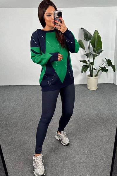 lovebox Crew Neck Diamond Patterned Oversize Long Sleeve Navy Blue Green Women's Sweater 500