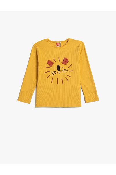 Koton T-Shirt Long Sleeve Crew Neck Camisole With Lion Embroidery Detail Cotton